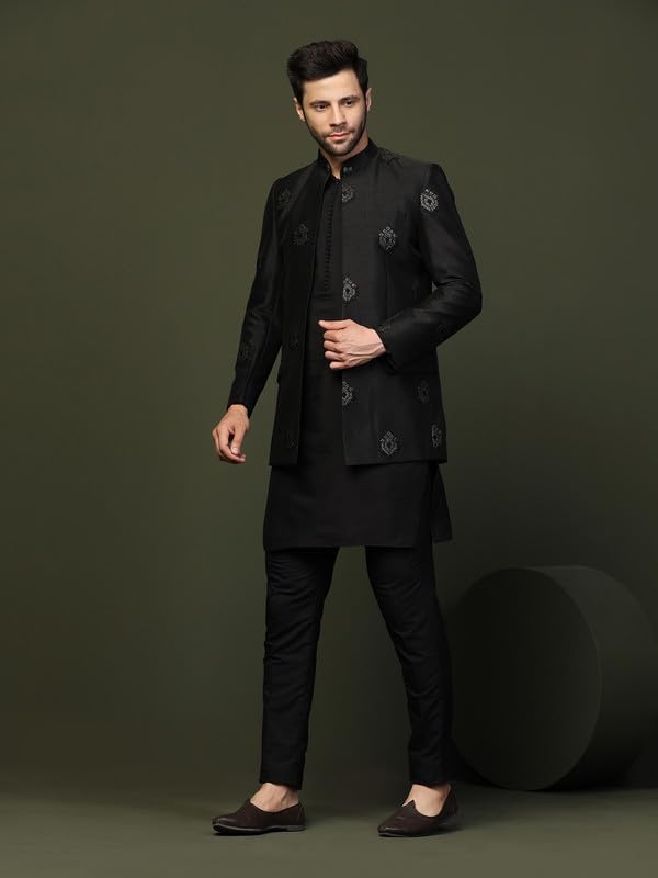 Kisah MenS Mid Kurta Jodhpuri Bandhgala-Blazer Trouser Set, Black Cotton Blend, Embellished Regular Fit Mandarin Collar Long Sl