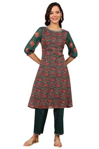 W For Woman Green Floral Printed Dori Embroidered Chiffon Kurta With Attached Lining_24Auw11770-125010_3Xl