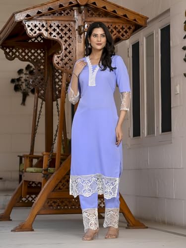 ANNI DESIGNER Womens Cotton Blend Straight Solid Kurta with Pant (Takada Light Blue_S_Light Blue_Small)