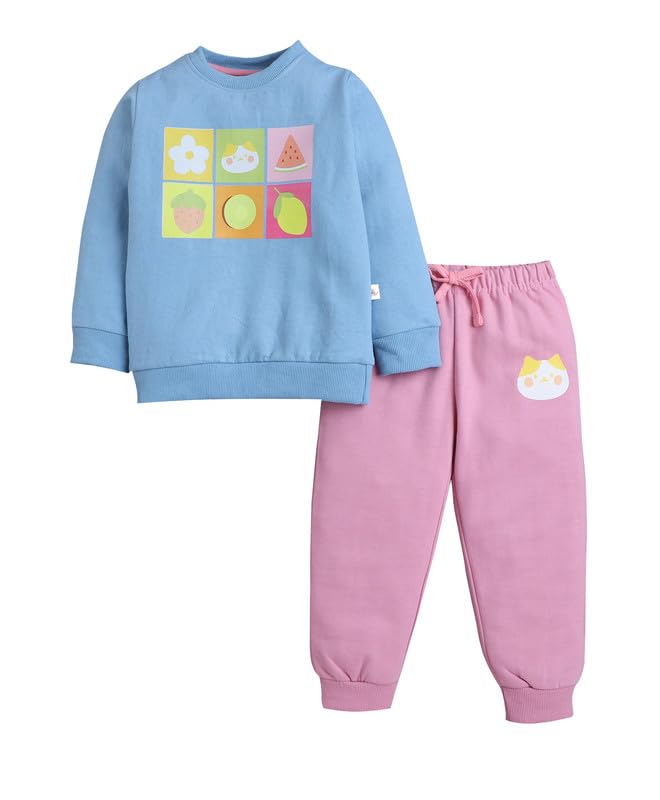 Bumzee Girls Blue & Pink Spun Fleece Full Sleeves Animal Print Regular Fit Sweatshirt & Jogger Set - 18-24 Months (Peb11095E-Blu
