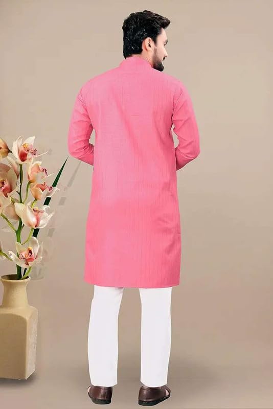 Fashion Gallery MenS Solid Pattern Polycotton Kurta With Long Sleeve Round Neck Knee Length And Pull On Closure Type|Men Kurta
