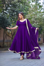 ANNI DESIGNER Womens Rayon Blend Anarkali Solid Kurta with Pant & Dupatta & Dupatta (Shyam Begani_L_Begani_Large)