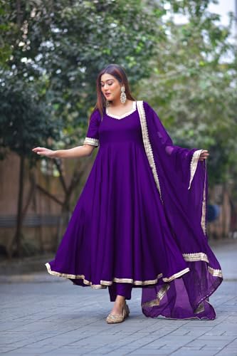 ANNI DESIGNER Womens Rayon Blend Anarkali Solid Kurta with Pant & Dupatta & Dupatta (Shyam Begani_L_Begani_Large)