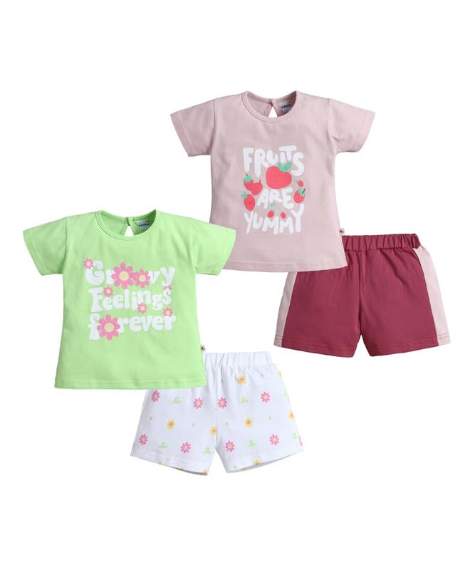 Bumzee Baby Girls Cotton Half Sleeves Graphic Print T-Shirt & Short Set Pack Of 2 Green & Dusty Pink - 12-18 Months (Peb11278D-G