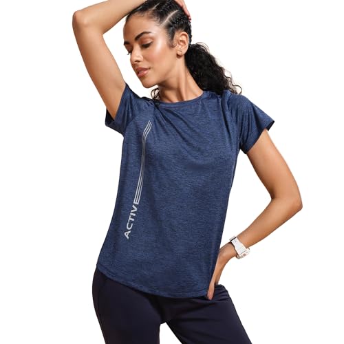 Enamor Womens Polyester Letter Print Relaxed Fit T-Shirt (A309_Navy Melange-Active Reflective, Large