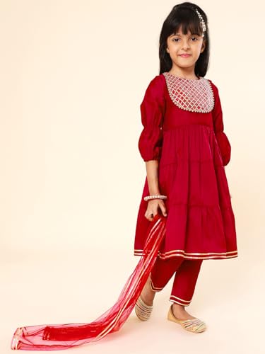 A.T.U.N. (ALL THINGS UBER NICE) Girls Tiered Gotta Patti Kurta with Trousers & With Dupatta