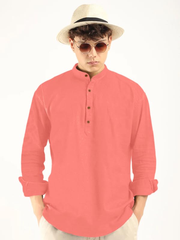 Macsivo MenS Cotton Polyester Blend Solid Regular Fit Full Sleeve Short Kurta Peach