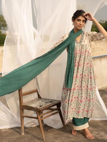ANNI DESIGNER Womens Cotton Blend Anarkali Printed Kurta with Pant & Dupatta (TOKI White-NW_M_White_Medium)