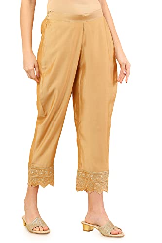 Soch Women Chanderi Straight Pant with Embroidered Borders and Mirror Work
