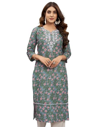 Sanisa Women'S Cotton Floral Printed Embroidered Straight Kurti (475K10034N-Xl_Dusty Rama Blue & Green & Rose Pink)