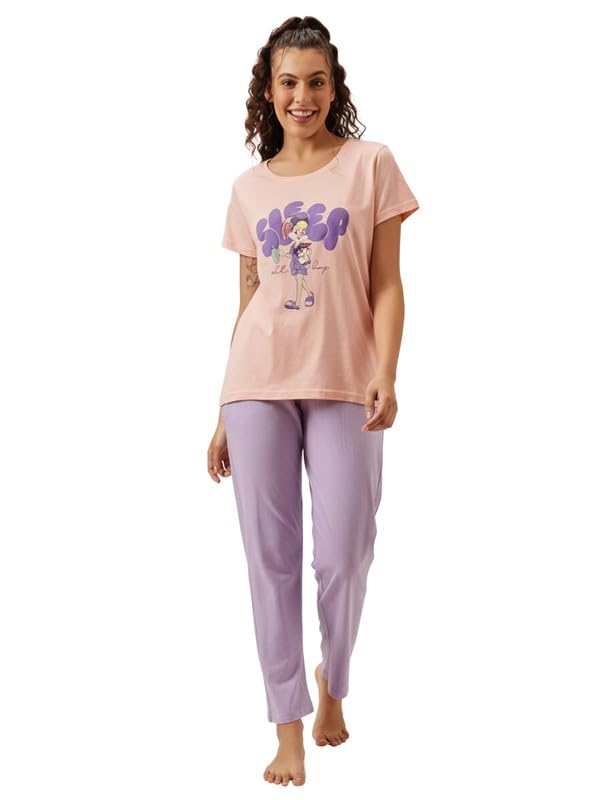 Clovia Womens Cotton Printed T-Shirt & Pyjama Set (LS0420C22_Peach_M)