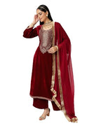 Varanga Women Maroon Velvet Embroidered Straight Kurta Paired With Velvet Bottom And Dupatta