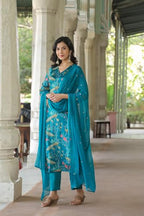 ANNI DESIGNER Womens Cotton Blend Straight Printed Kurta with Pant & Dupatta (GETO RAMA_L_Light Blue_Large)
