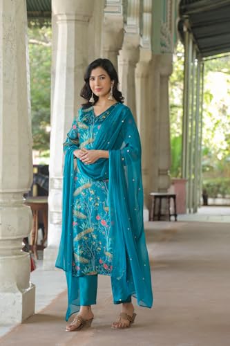 ANNI DESIGNER Womens Cotton Blend Straight Printed Kurta with Pant & Dupatta (GETO RAMA_L_Light Blue_Large)