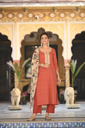 ANNI DESIGNER Womens Cotton Blend Printed Straight Kurta and Pants with Dupatta (Pradrarekha Red_XXL_Red_Xx-Large)