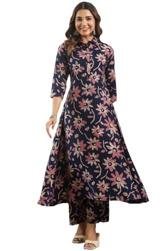 Anni Designer WomenS Rayon Viscose Printed Anarkali Kurta With Pant (Aitan Navy_S_Navy Blue_Small)