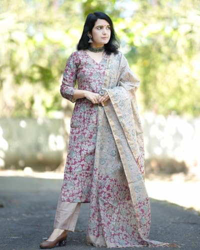 ANNI DESIGNER Womens Cotton Blend Printed Straight Kurta with Pant & Dupatta (Moringa Pink_4XL_Pink_XXXX-Large)