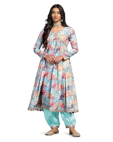TADKEE Women Cotton Blend Printed Kurta with Pant (FN-Aliya-Cut-Pair-119-Multi-L) Sky