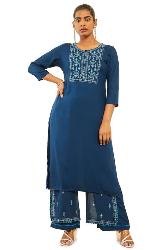 Soch Womens Navy Blue Rayon Slub Floral Embroidered Straight Kurta Sets