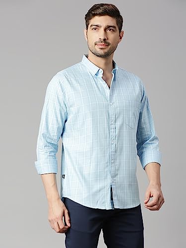 Thomas Scott Mens Checkered Slim Fit 100% Cotton Casual Shirt with Spread Collar and Long Sleeve Light Blue