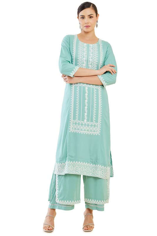 Soch Womens Turquoise Blue Rayon Embroidered Kurta Set With Layered Palazzo