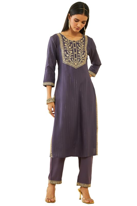 Soch Women Rayon Floral Embroidered Round-Neck Straight Kurta Set