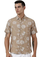 Thomas Scott Oversized Fit| 100% Cotton | Spread Collar | Short Sleeve | Embrodiered | Shirts for Men Beige
