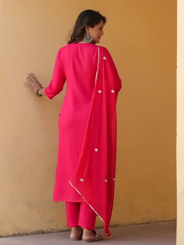 ANNI DESIGNER Womens Rayon Blend Embroidered Straight Kurta with Pant & Dupatta (Kasturi Pink_S_Pink_Small)