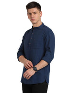 Turtle Men 100% Cotton Solid Full Sleeve Casual Indigo Blue Kurta Shirt