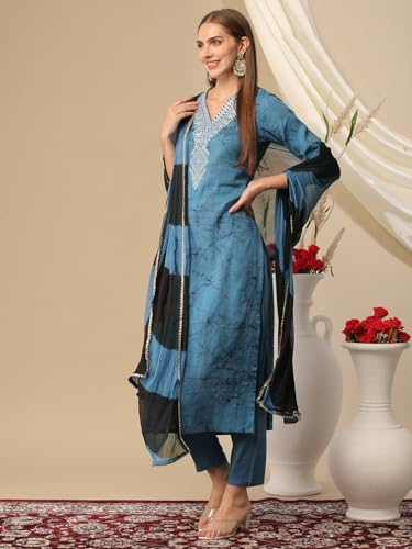ANNI DESIGNER Womens Cotton Blend Printed Straight Kurta with Pant & Dupatta (Suhana Blue_XXL_Blue_XX-Large)