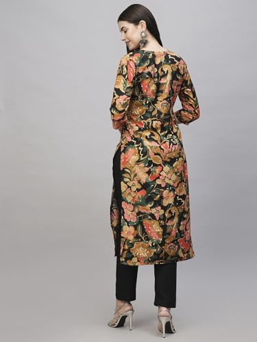 ANNI DESIGNER Womens Cotton Blend Straight Printed Kurta with Pant (Jabala Black_XL_Black_X-Large)