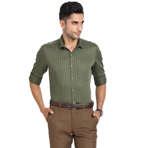 Turtle Men 100% Cotton Stripe Slim Fit Green Formal Shirt