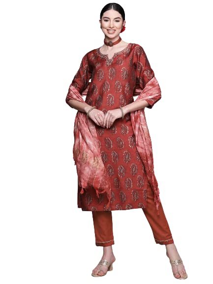 Anubhutee Women'S Cotton Maroon Ethnic Motifs Printed Straight Kurta Suit Set With Pants And Dupatta