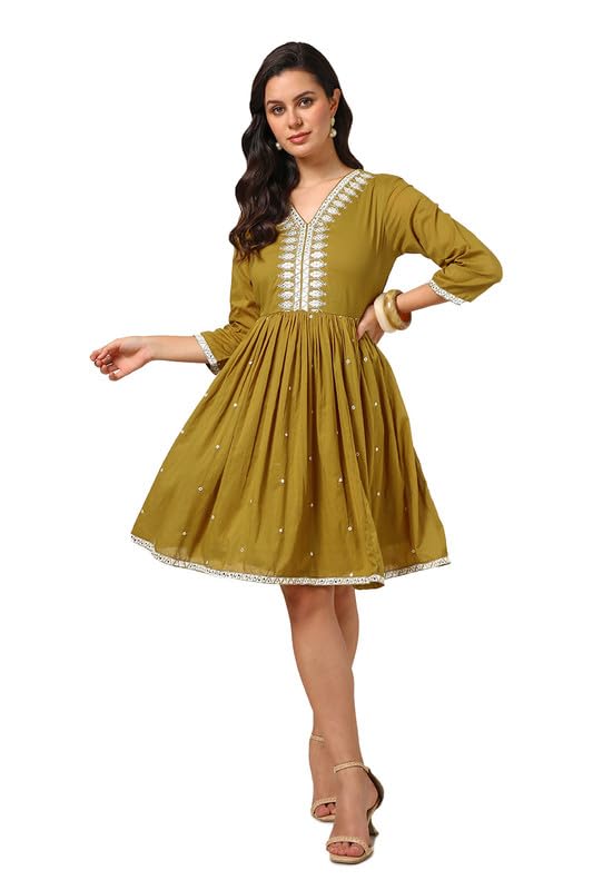 Soch Women Cotton Embroidered Dress with Faux Mirror