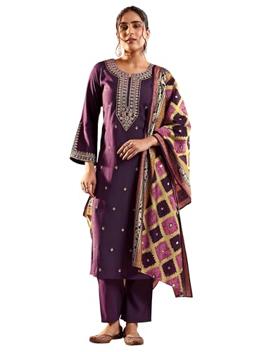 Libas Purple Embroidered Viscose Rayon Straight Kurta Set For Women (401096Xxl)