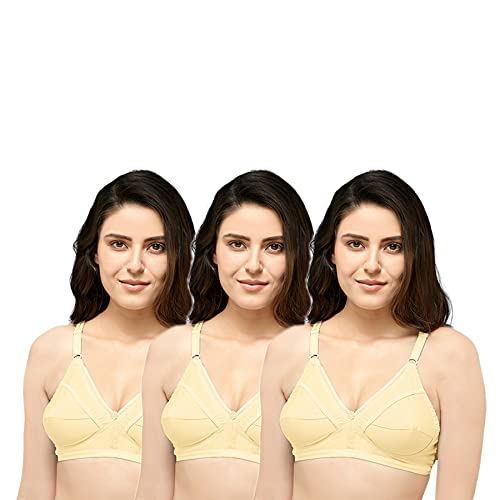 Naidu Hall WomenS Cotton Brassiere | NonPadded | NonWired | Full Coverage | Laced Neckline Regular Bra | 3 Piece | (Naturalle 36