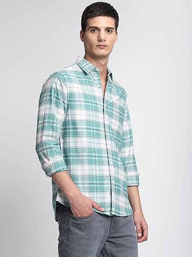 Dennis Lingo MenS Checks Green Spread Collar Casual Shirt