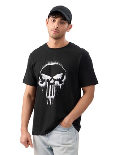 The Souled Store Official Punisher: Classic Logo Men And Boys Short Sleeves Round Neck Black Graphic Printed Regular Fit Cotton 