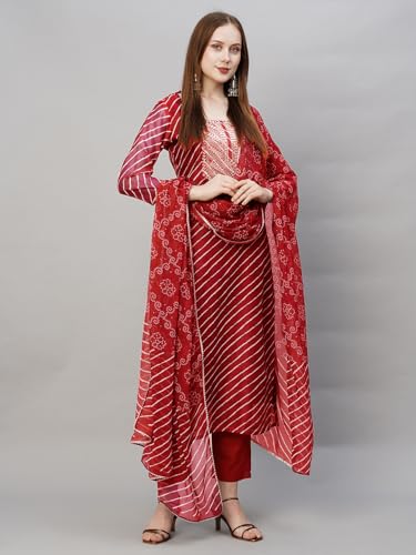 ANNI DESIGNER Womens Cotton Blend Straight Printed Kurta with Pant & Dupatta (DOREMI-RED-BHN_5XL_Red_XXXXX-Large)