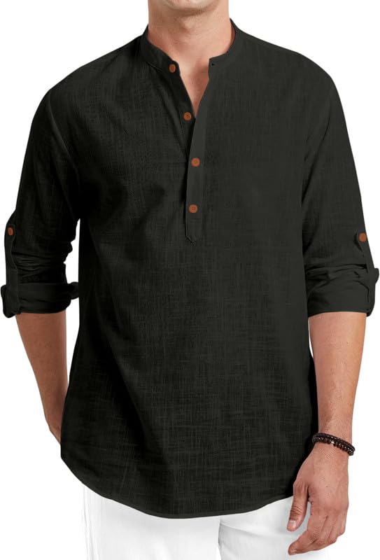 Macsivo MenS Cotton Polyester Blend Solid Regular Fit Full Sleeve Short Kurta | Lightweight Summer Short Kurta Black