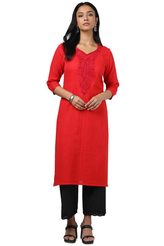 Soch Womens Red Cotton Embroidered Kurta With Thread Work