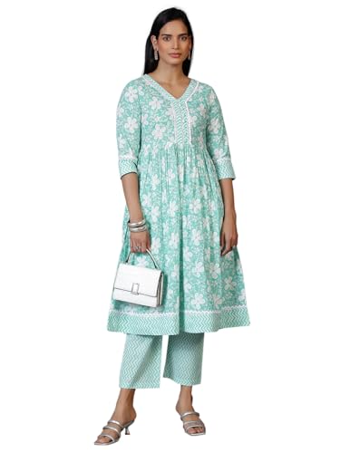Libas Green Printed Cotton Anarkali Kurta With Trousers
