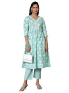 Libas Green Printed Cotton Anarkali Kurta With Trousers