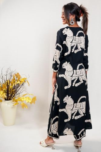ANNI DESIGNER Womens Cotton Blend Straight Printed Kurta with Pant (Lanka-Black-NS_XXL_Black_XX-Large)