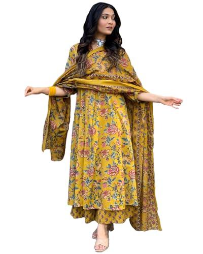 ANNI DESIGNER Womens Rayon Blend Anarkali Printed Kurta with Pant & Dupatta & Dupatta (CIA Yellow_M_Yellow_Medium)