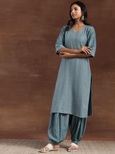 Libas Womens Self Design Silk Blend Straight Kurta With Salwar And Dupatta