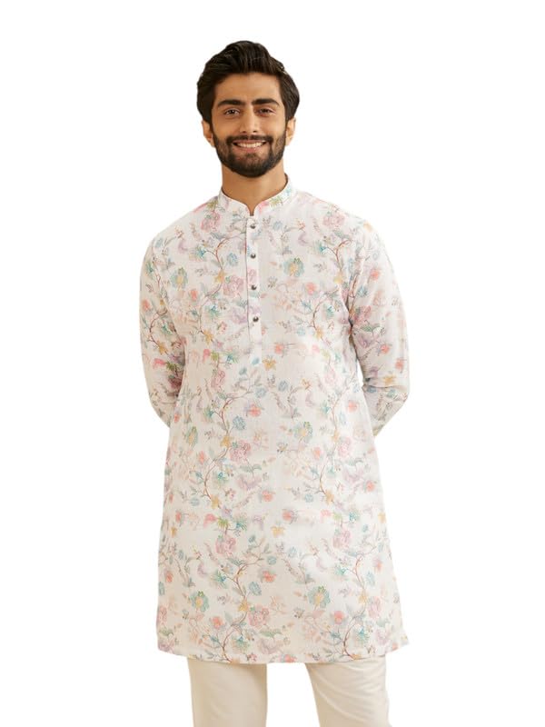 Manyavar Blended Cotton MenS Floral Print Kurta (Cream,Xxl)