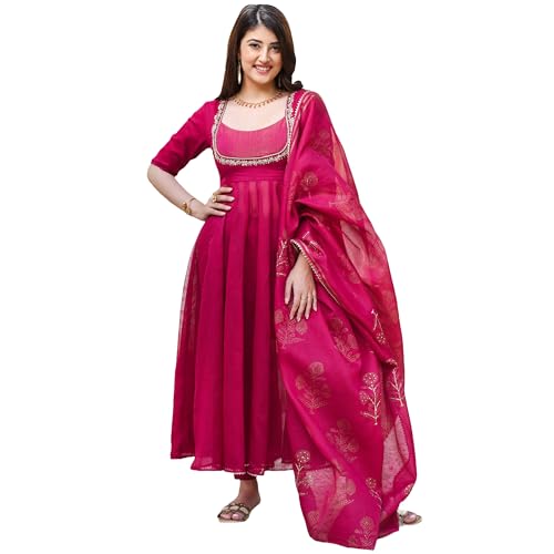 GoSriKi Womens Rayon Blend Anarkali Embroidered Kurta with Pant & Dupatta (APARNAA Pink-GS_XXL_Pink_XX-Large)