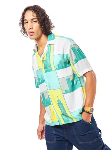 Bewakoof Mens All Over Printed Regular Fit Half Sleeve Resort Collar Rayon Shirt_624370_Green_2XL