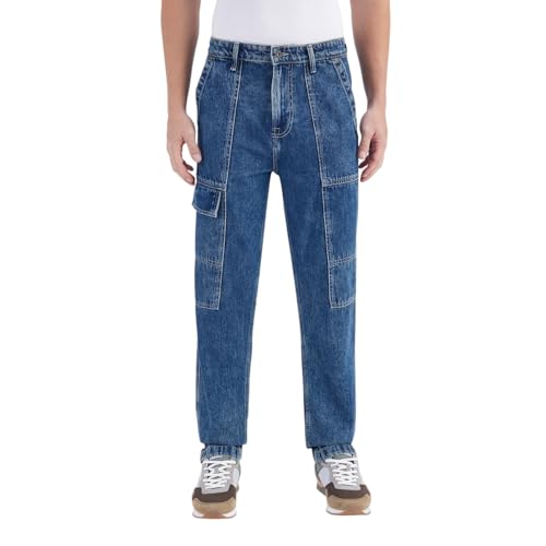 Men Blue Straight Fit Mid Rise Cargo Jeans